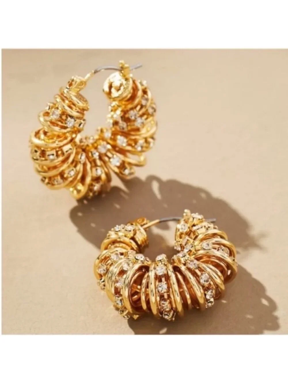 New! Anthropologie Gold Crystal Wire Hoop Earrings (2009) NWOT